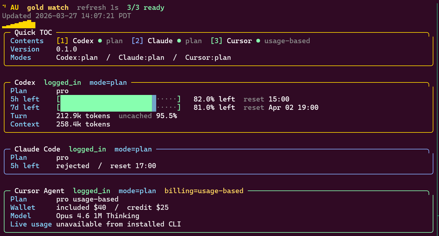 au watch mode screenshot showing Codex, Claude, and Cursor panels